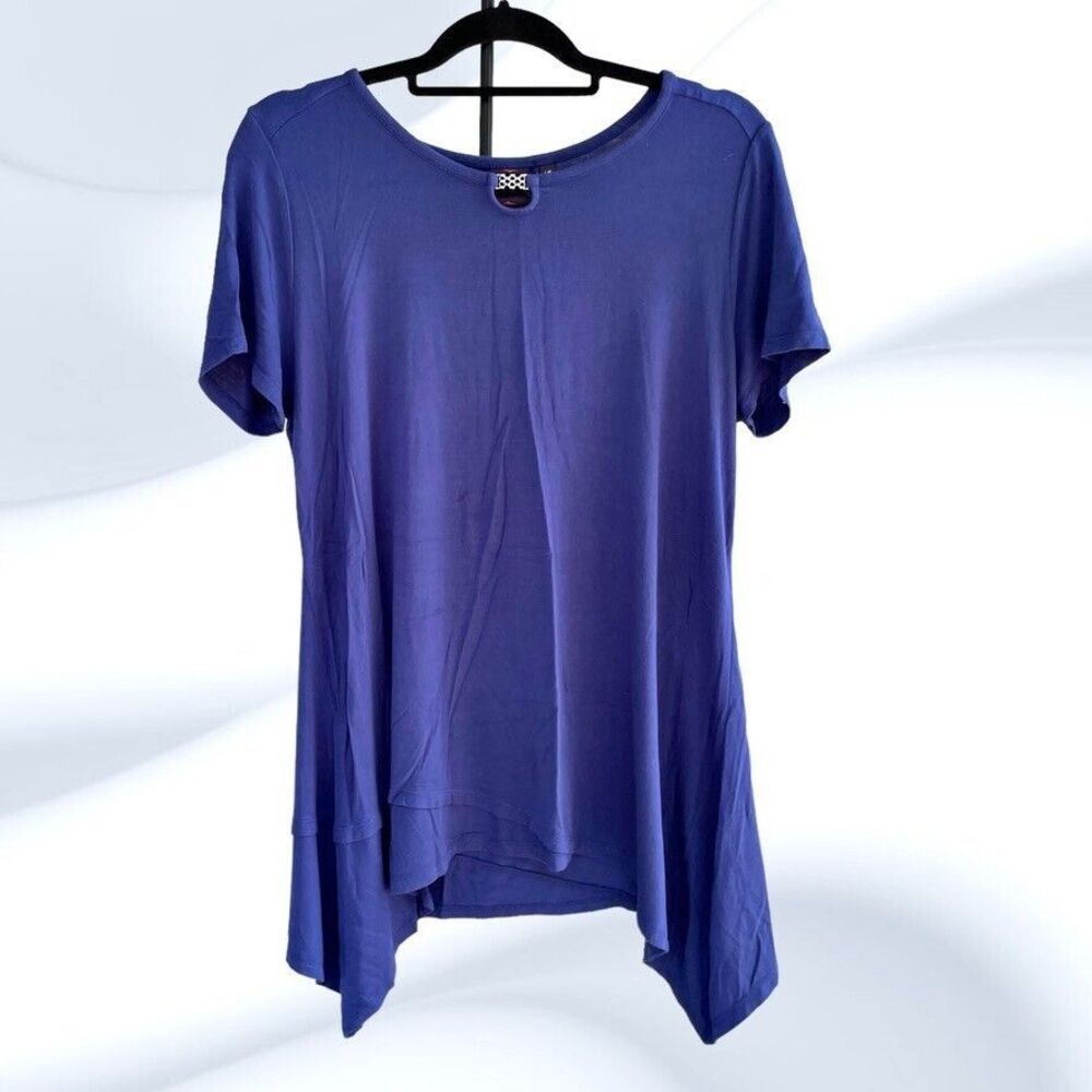 Rafaella Womens Navy Blue Round Neck Causal Asymmetrical Hemline Shirt Size L - Picture 1 of 9
